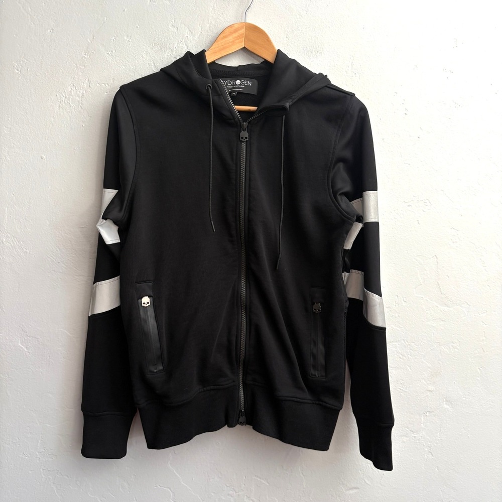 Hydrogen Zip Up Hoodie Men Sz Medium Black Skulls Reflective Sleeve Stripe Flaw